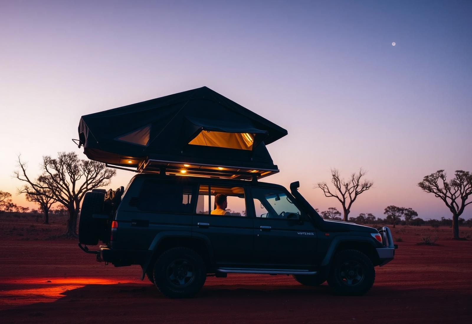 Rooftop canopy deployed at dusk in the Australian outback